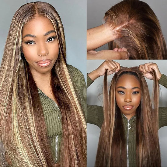 6x4 Closure Glueless Wig Wear And Go Highlight Brown Human Hair Wigs Transparent Ombre 4/27 Highlight Colored Straight Wig