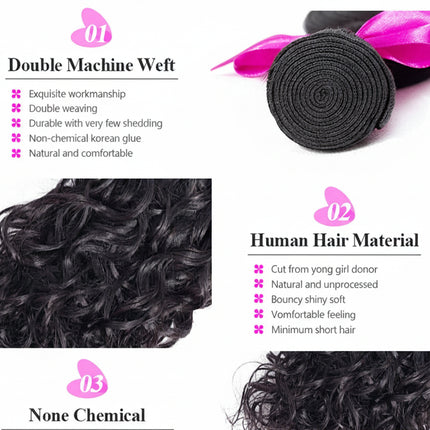 Hair extensions with product features highlighted on a white background