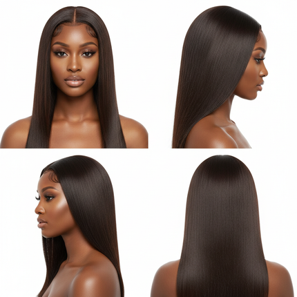 Pre Bleached Knots Straight Glueless Human Hair Wig Pre Cut PrePlucked Lace Front Wig HD Transparent Wear And Go Wig square layout black model with different side angle