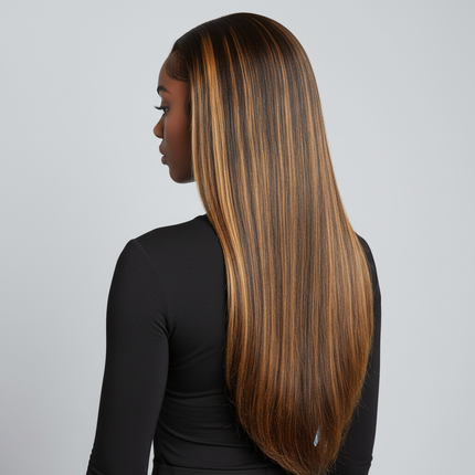 Wear Go Wig Highlight Peruvian Straight 6x4 HD Lace Glueless Preplucked Human Wigs Ready To Go Black model back square layout
