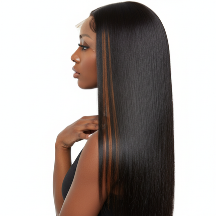 Wear Go Wig Highlight Peruvian Straight 6x4 HD Lace Glueless Preplucked Human Wigs Ready To Go black model side angle square layout