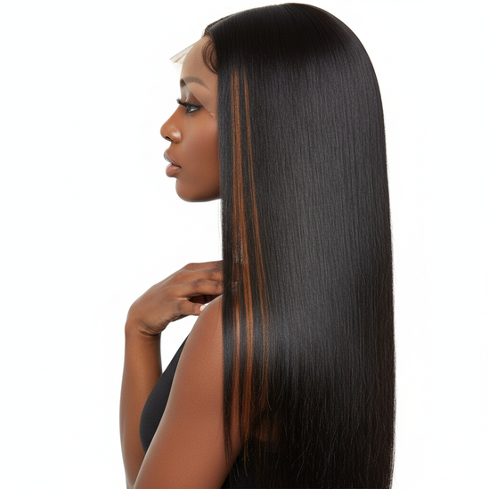 Wear Go Wig Highlight Peruvian Straight 6x4 HD Lace Glueless Preplucked Human Wigs Ready To Go black model side angle square layout