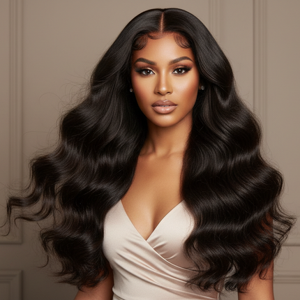 Woman wearing Brazilian body wave wavy wig, long hair, 13x4 lace frontal, realistic styling